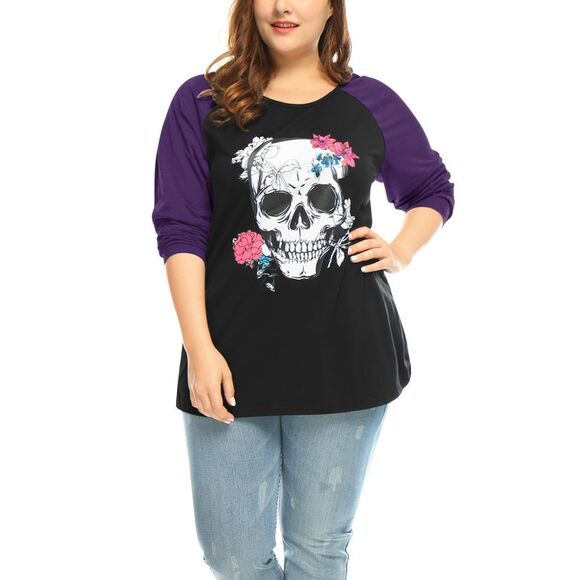 Women's Plus Size Tee Shirts Floral Skull Long Sleeve Tops Purple - Picture 2 of 6